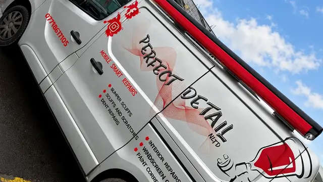 The Perfect Detail mobile SMART repair van, which lists interior repairs among its services