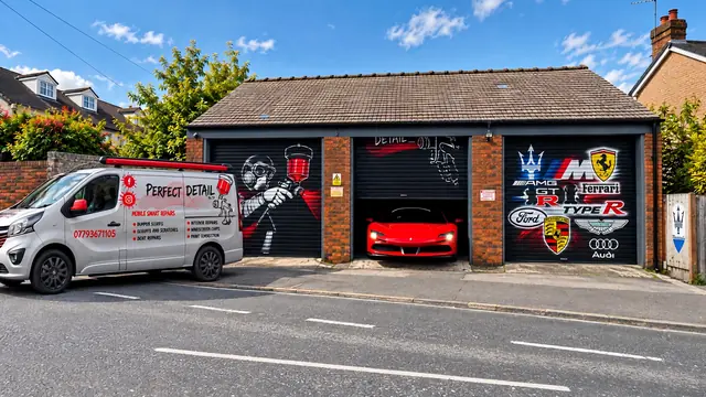 A red Ferrari with its headlights on inside the Perfect Detail workshop