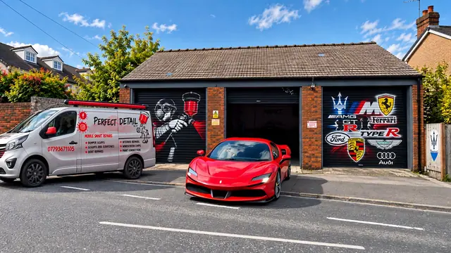 A red Ferrari driving out of the Perfect Detail workshop in Balby