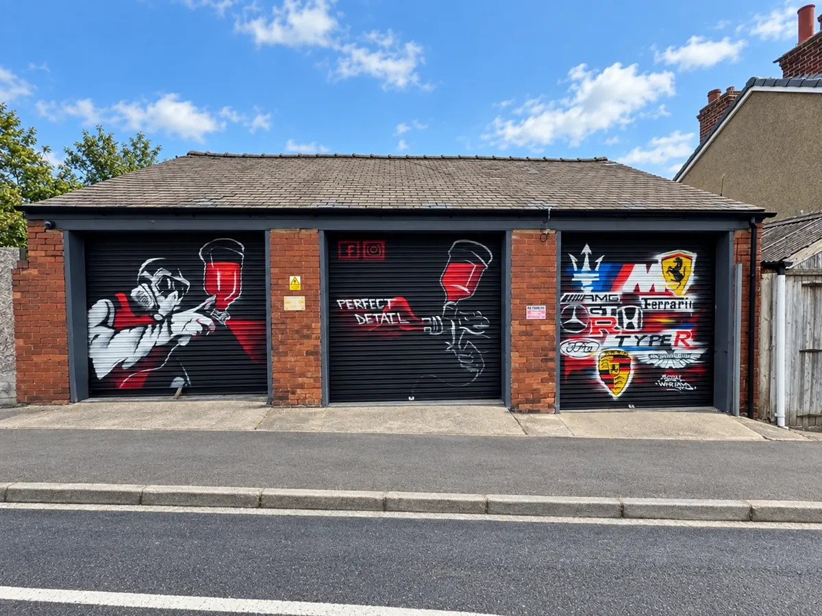 The Perfect Detail workshop on Belmont Avenue, Balby, with its graffiti-painted shutters